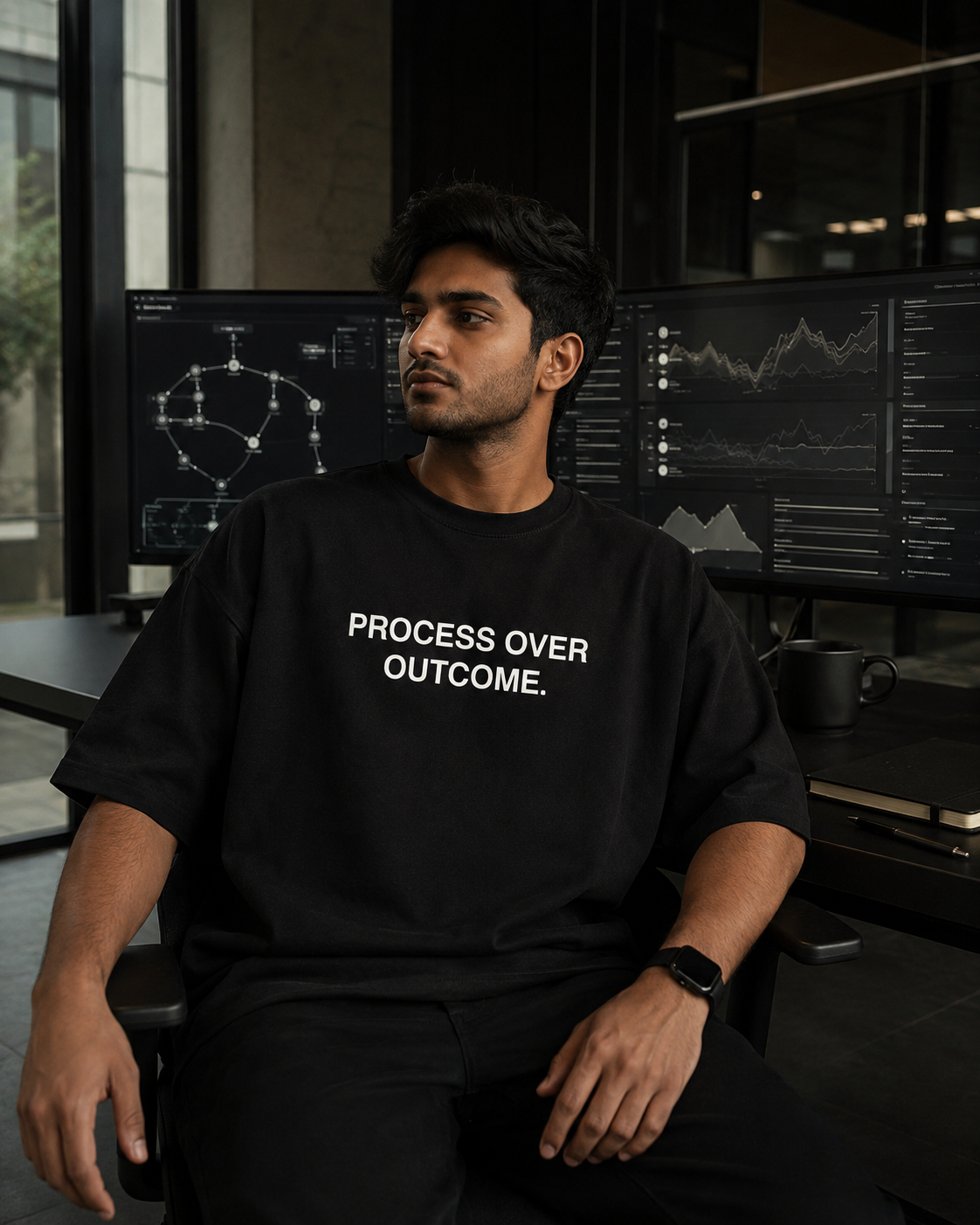 PROCESS OVER OUTCOME. black oversized terry t-shirt by BYTWEAR - worn by model in AI workspace