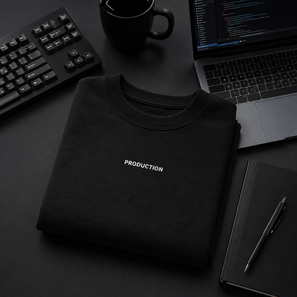 Black sweatshirt with 'PRODUCTION' text on a dark desk with laptop, keyboard, and mug.