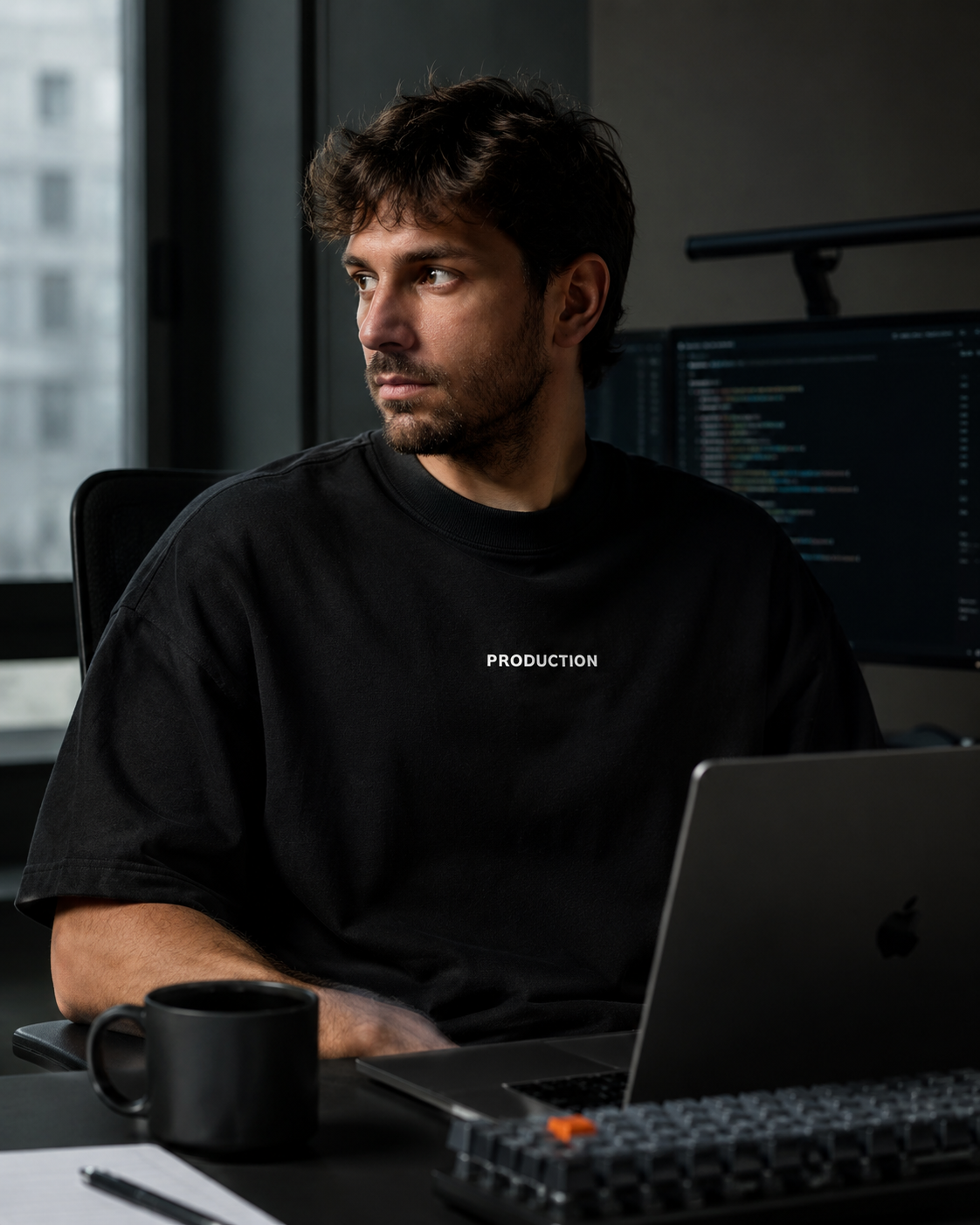 Man sitting at a desk with a laptop and computer monitors in a dark office setting.