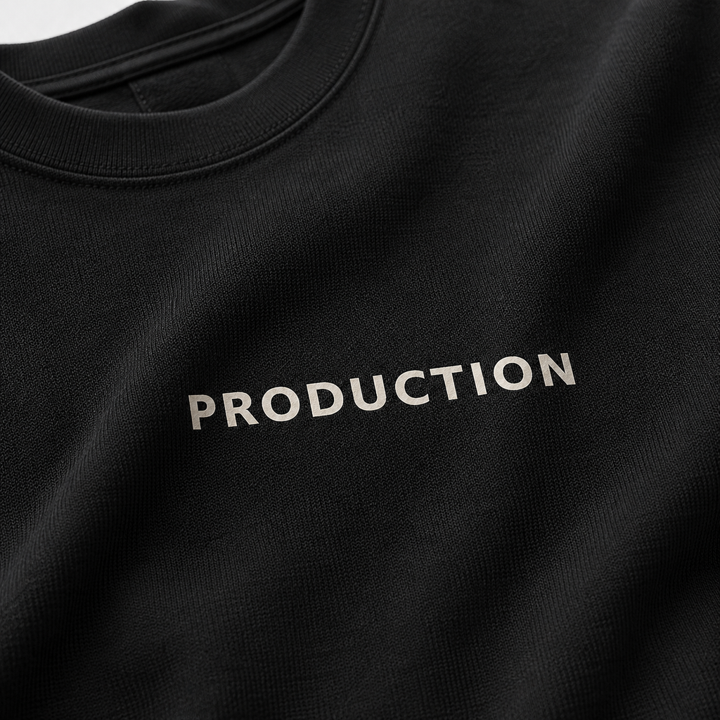 Black sweatshirt with 'PRODUCTION' text on a plain background