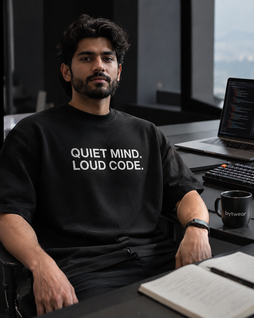 QUIET MIND. LOUD CODE. black oversized terry t-shirt by BYTWEAR - worn by model