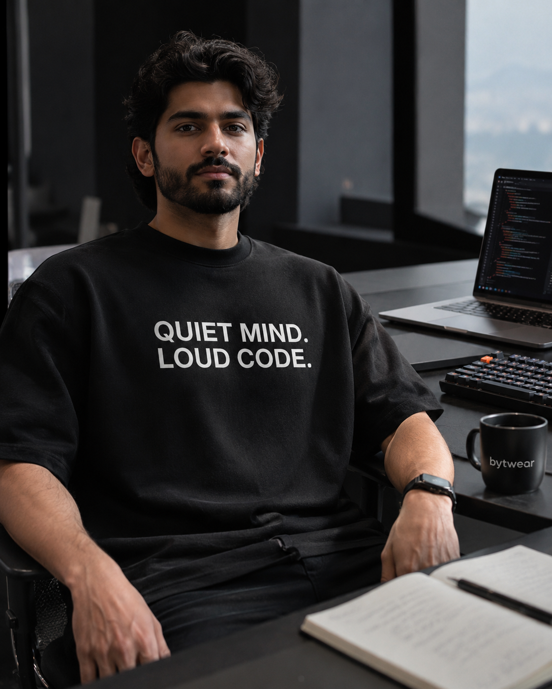 QUIET MIND. LOUD CODE. black oversized terry t-shirt by BYTWEAR - worn by model