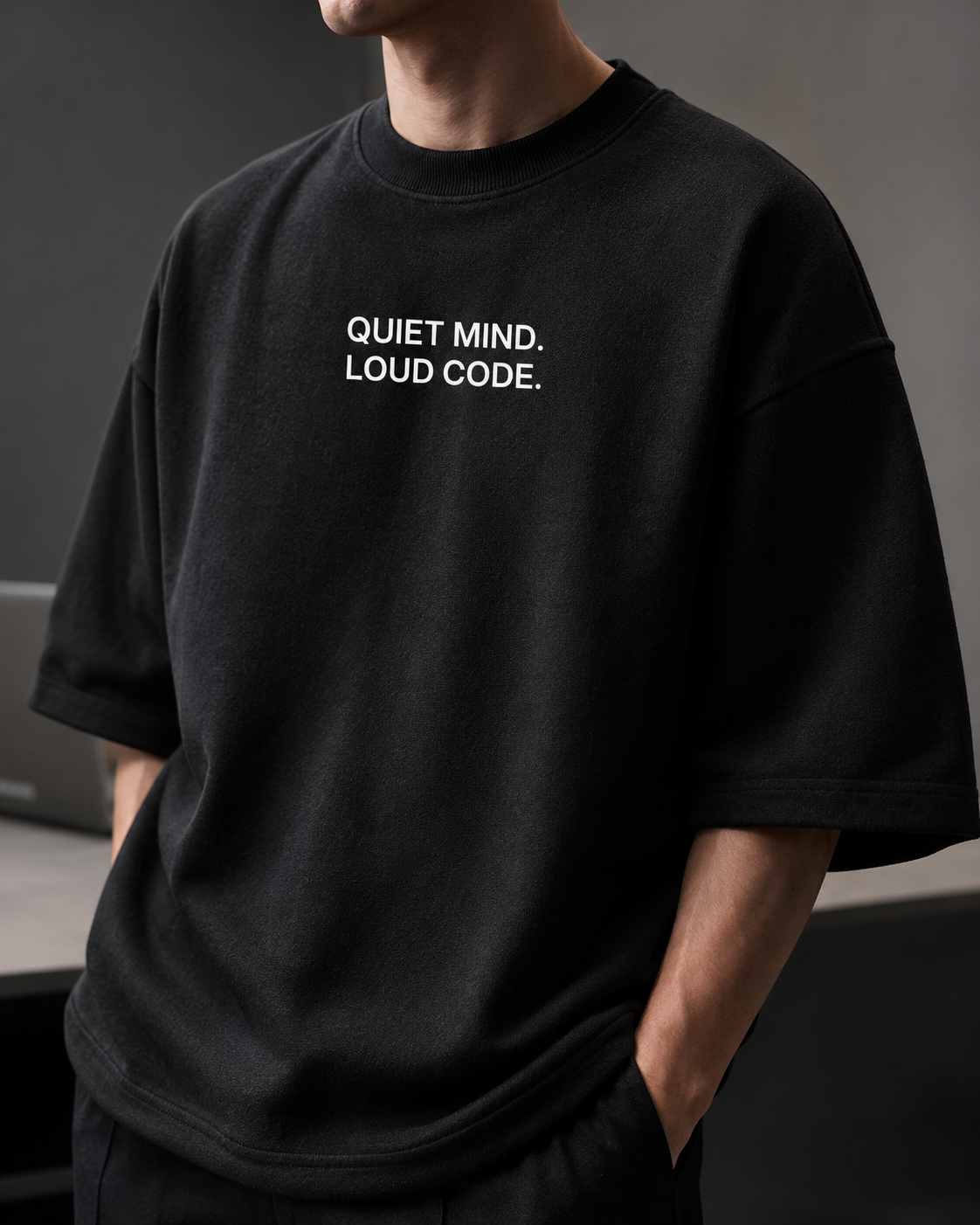 QUIET MIND. LOUD CODE. black oversized terry t-shirt by BYTWEAR - fabric and print detail