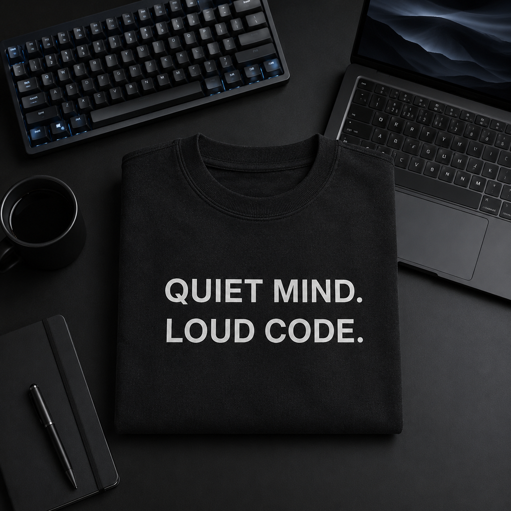 QUIET MIND. LOUD CODE. black oversized terry t-shirt by BYTWEAR - worn by model