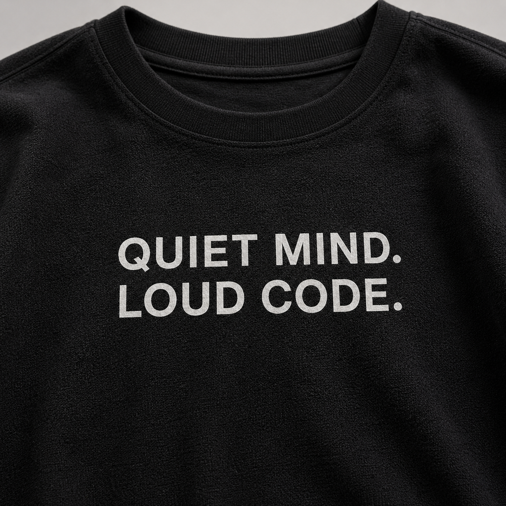 QUIET MIND. LOUD CODE. black oversized terry t-shirt by BYTWEAR - fabric and print detail