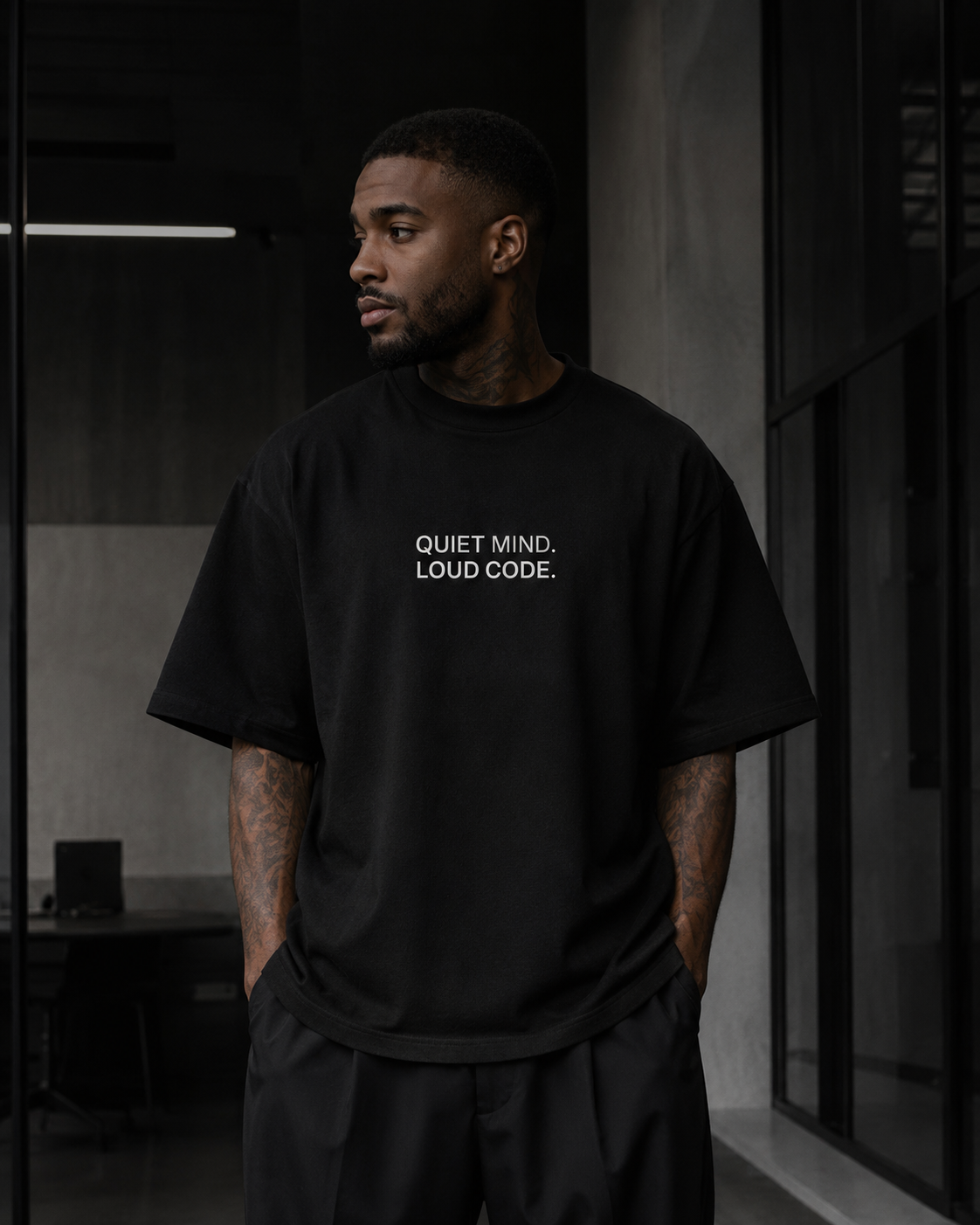 QUIET MIND. LOUD CODE. black oversized terry t-shirt by BYTWEAR - product photo 7