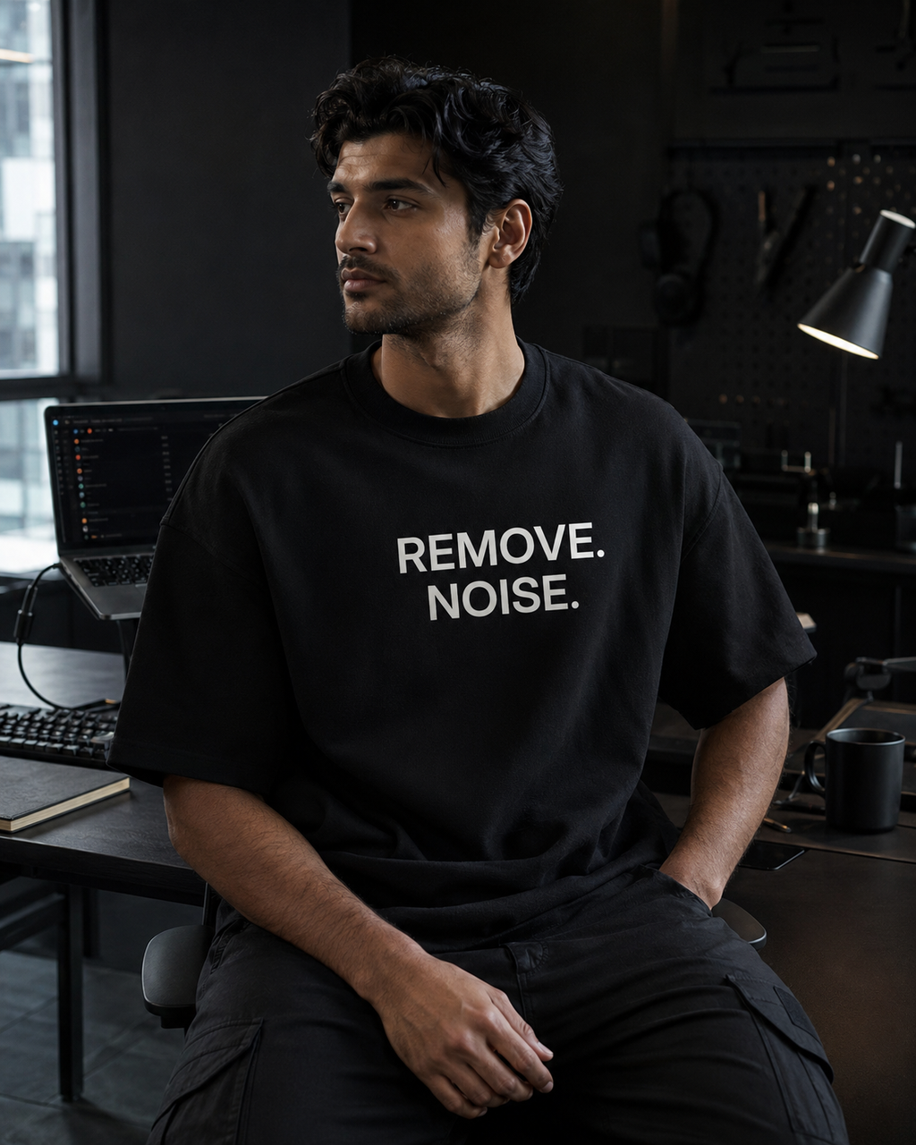 REMOVE. NOISE. black oversized terry t-shirt by BYTWEAR - worn by model