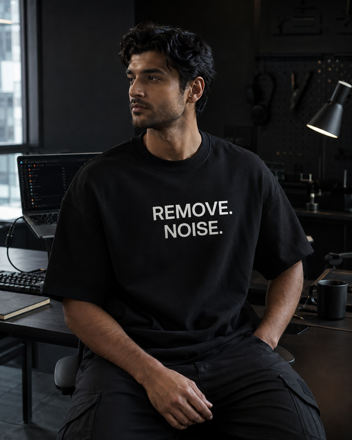REMOVE. NOISE. black oversized terry t-shirt by BYTWEAR - worn by model