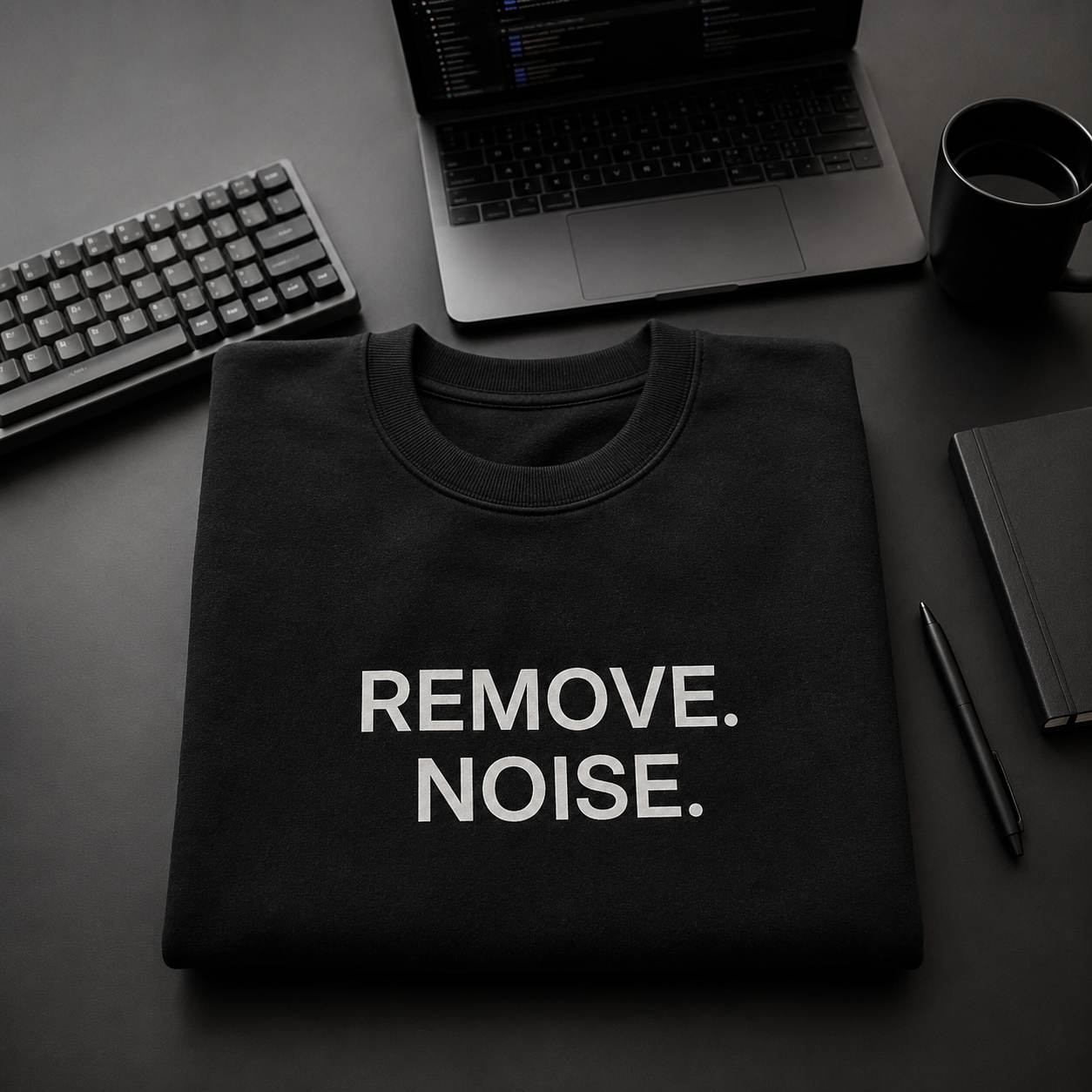 REMOVE. NOISE. black oversized terry t-shirt by BYTWEAR - worn by model