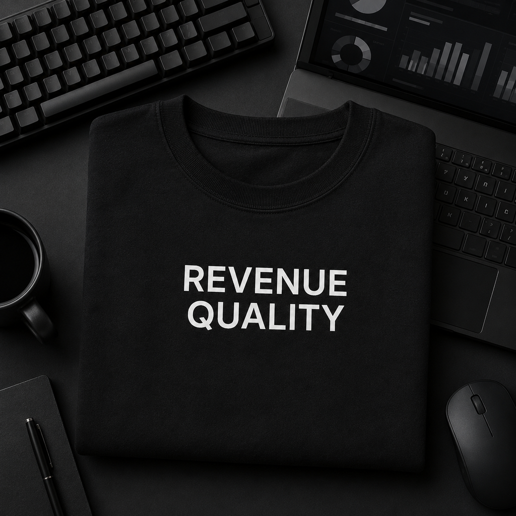 REVENUE QUALITY black oversized terry t-shirt by BYTWEAR - flat lay on desk