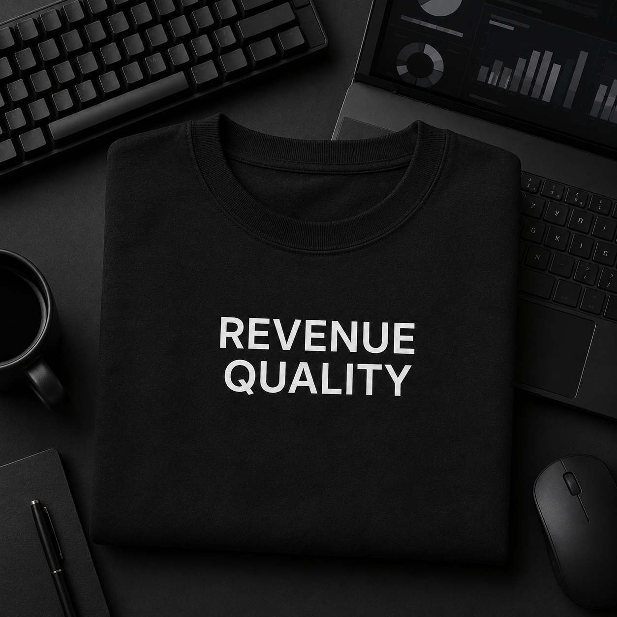 REVENUE QUALITY black oversized terry t-shirt by BYTWEAR - flat lay on desk