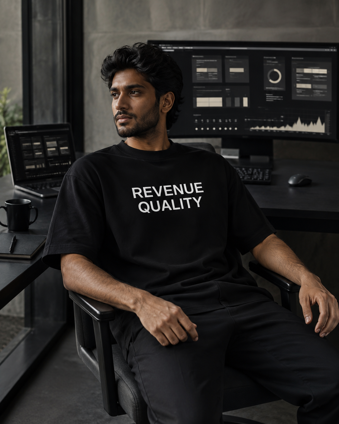 REVENUE QUALITY black oversized terry t-shirt by BYTWEAR - worn by model