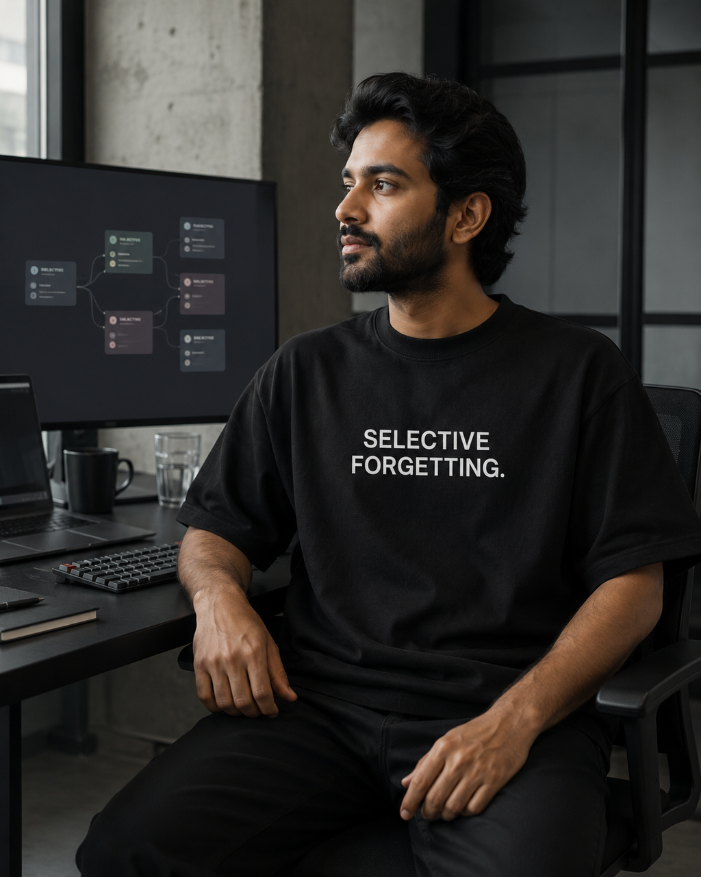 SELECTIVE FORGETTING. black oversized terry t-shirt by BYTWEAR - worn by model in AI workspace