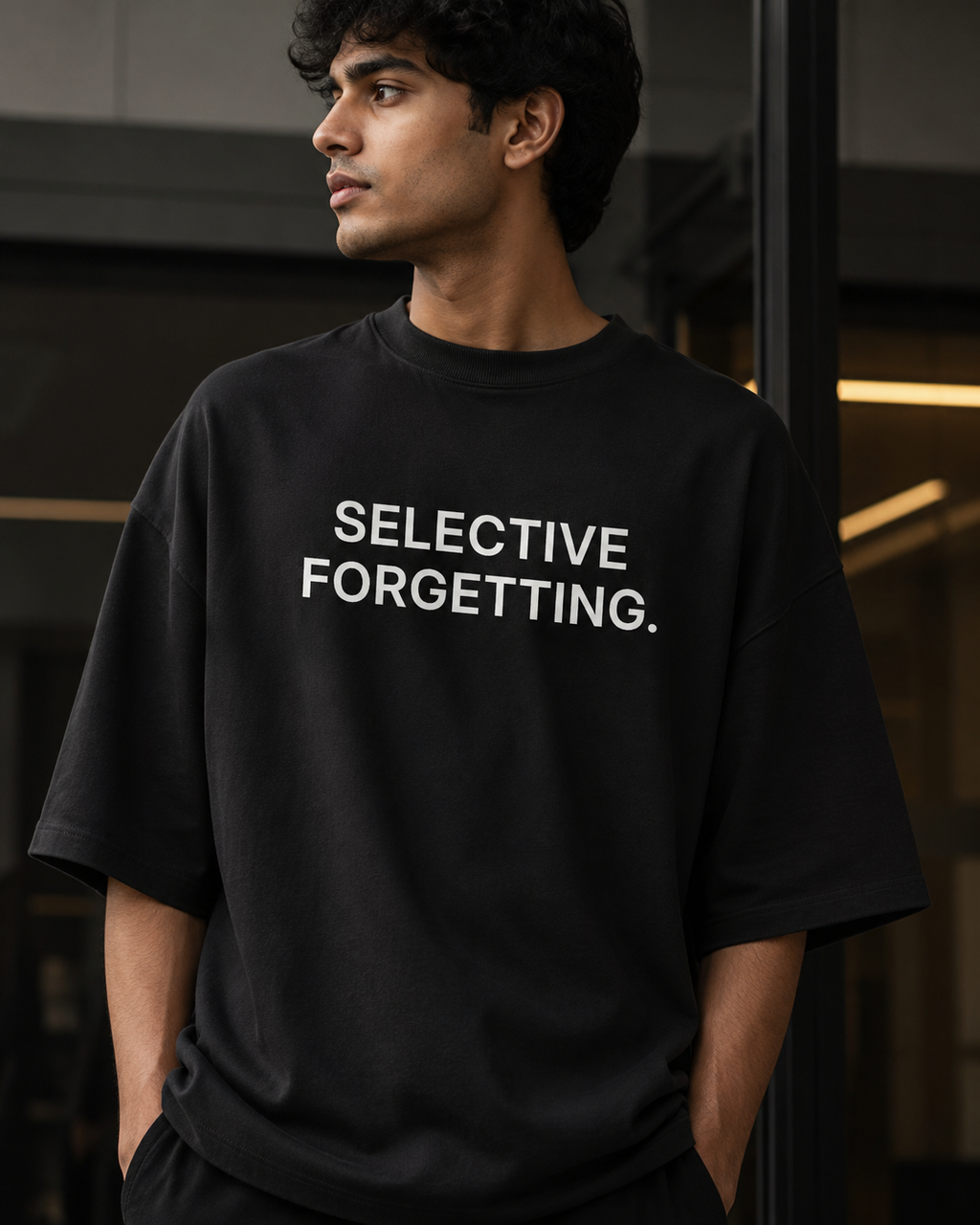 SELECTIVE FORGETTING. black oversized terry t-shirt by BYTWEAR - oversized fit detail