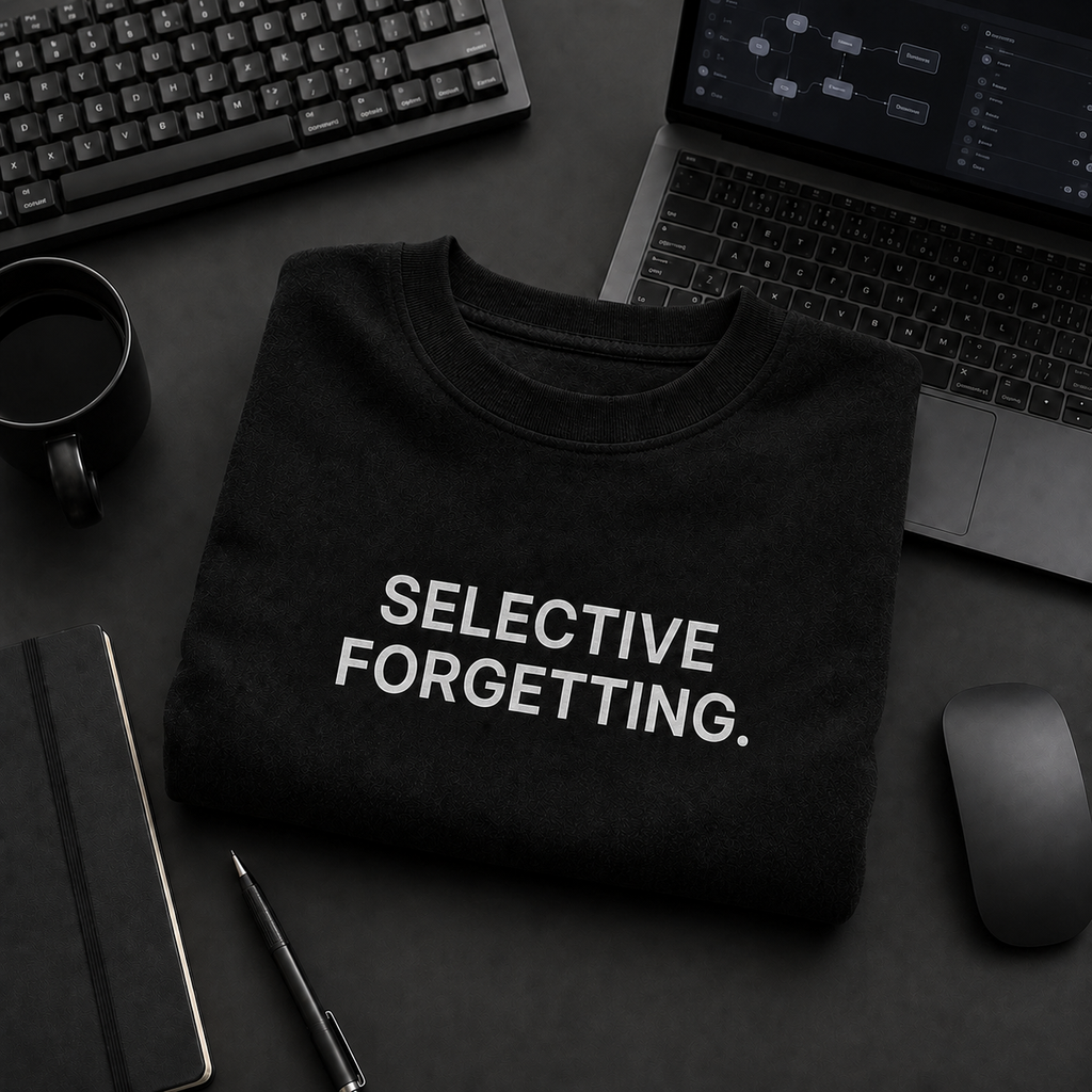 SELECTIVE FORGETTING. black oversized terry t-shirt by BYTWEAR - flat lay on developer desk
