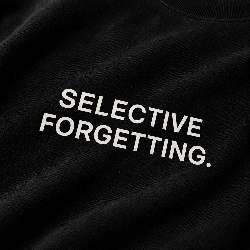 SELECTIVE FORGETTING. black oversized terry t-shirt by BYTWEAR - fabric and print detail