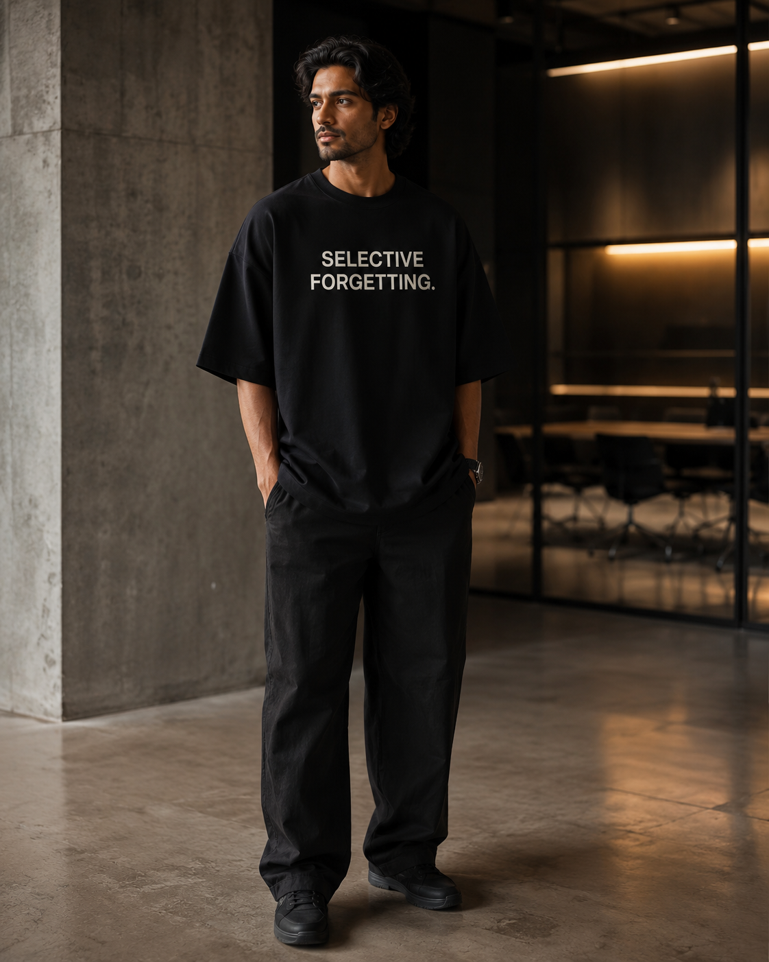 SELECTIVE FORGETTING. black oversized terry t-shirt by BYTWEAR - worn by model