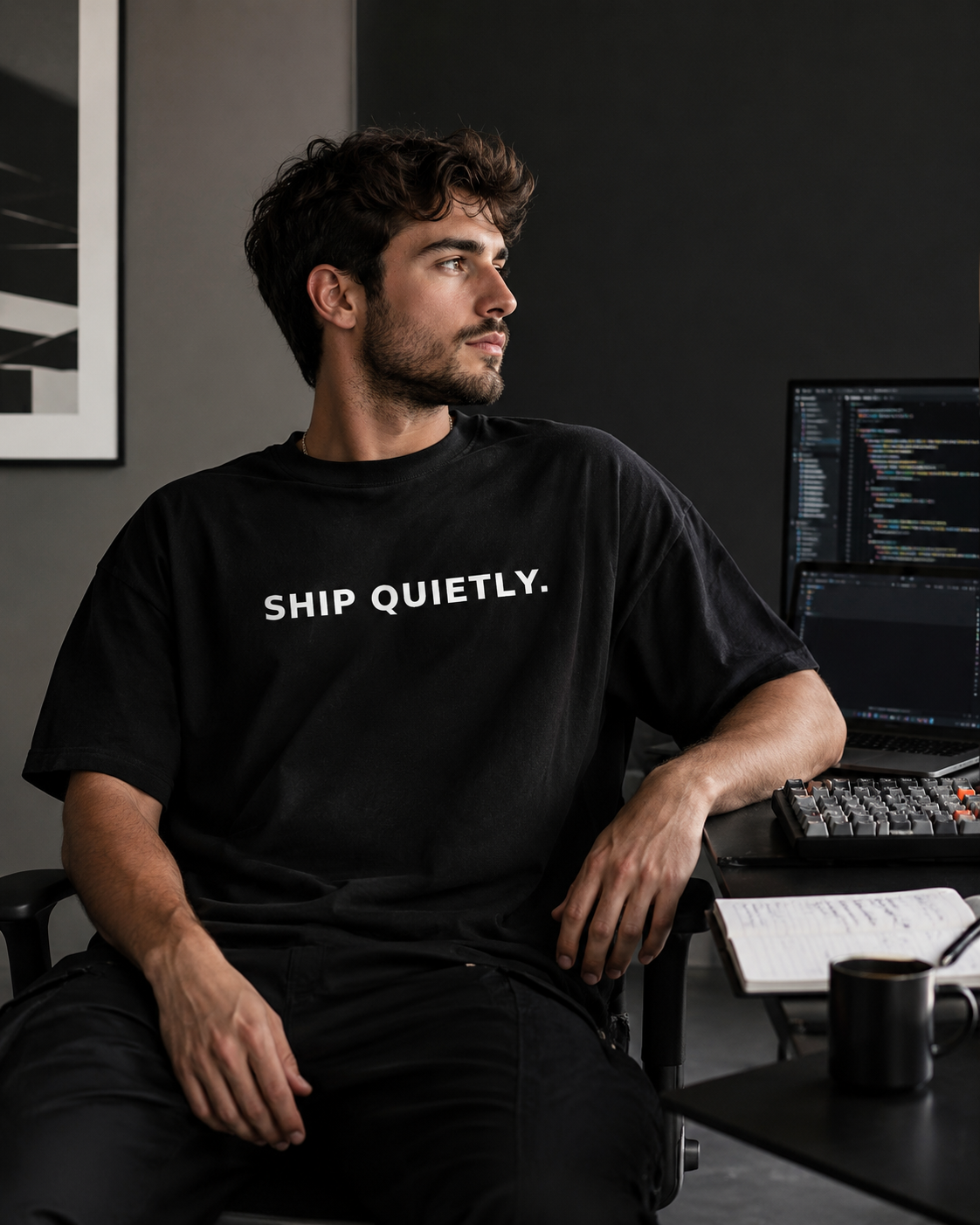 SHIP QUIETLY. black oversized terry t-shirt by BYTWEAR - worn by model