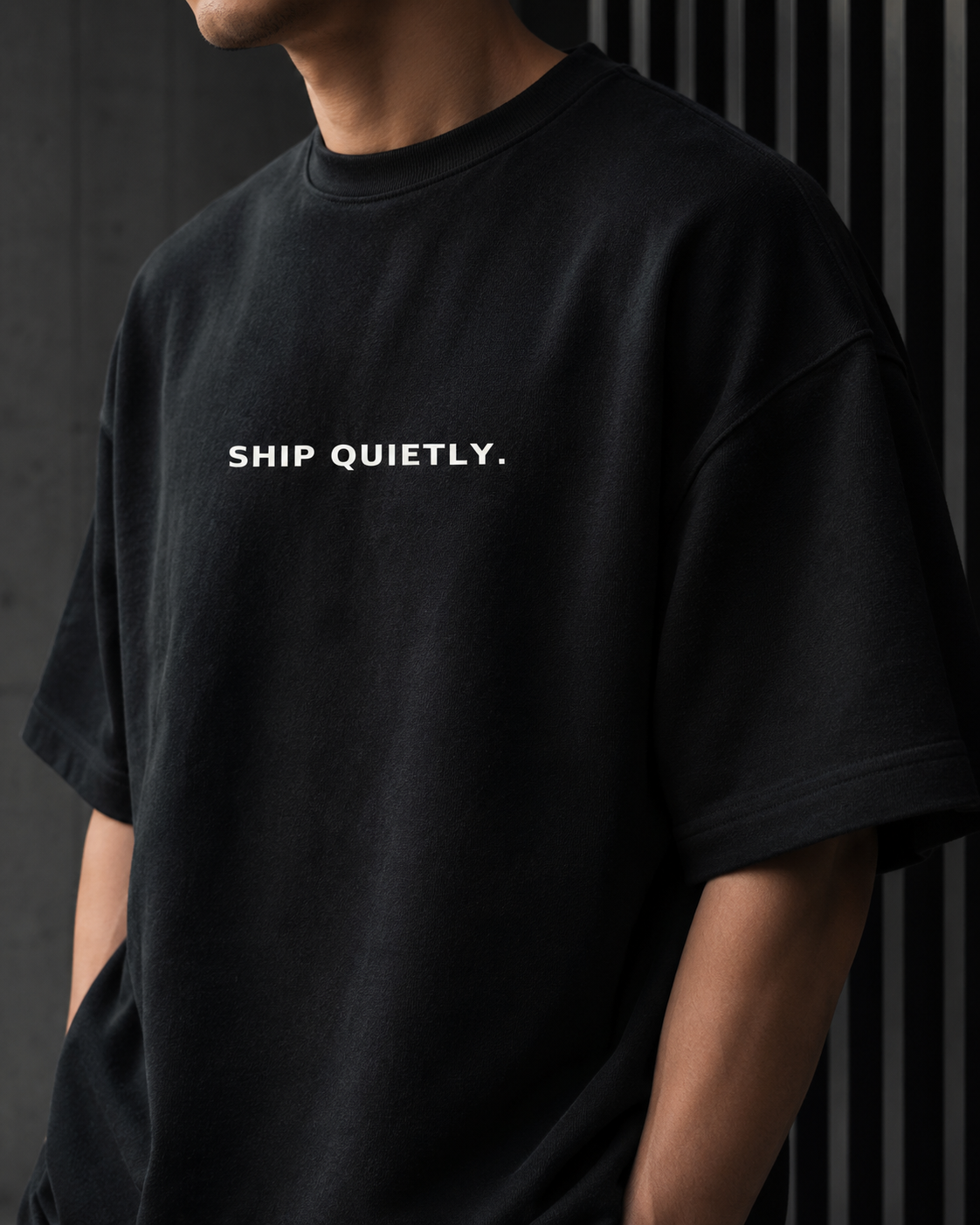 SHIP QUIETLY. black oversized terry t-shirt by BYTWEAR - fabric and print detail