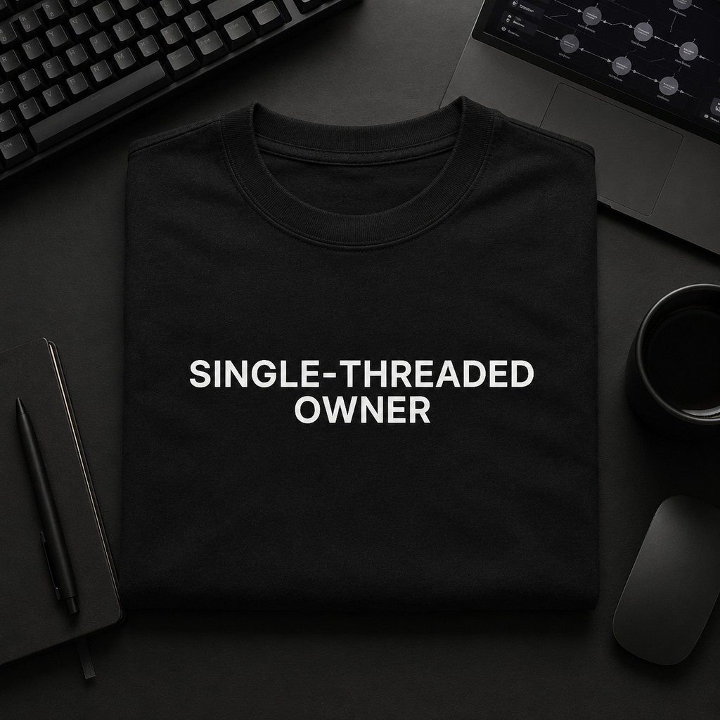 SINGLE-THREADED OWNER black oversized terry t-shirt by BYTWEAR - flat lay on desk