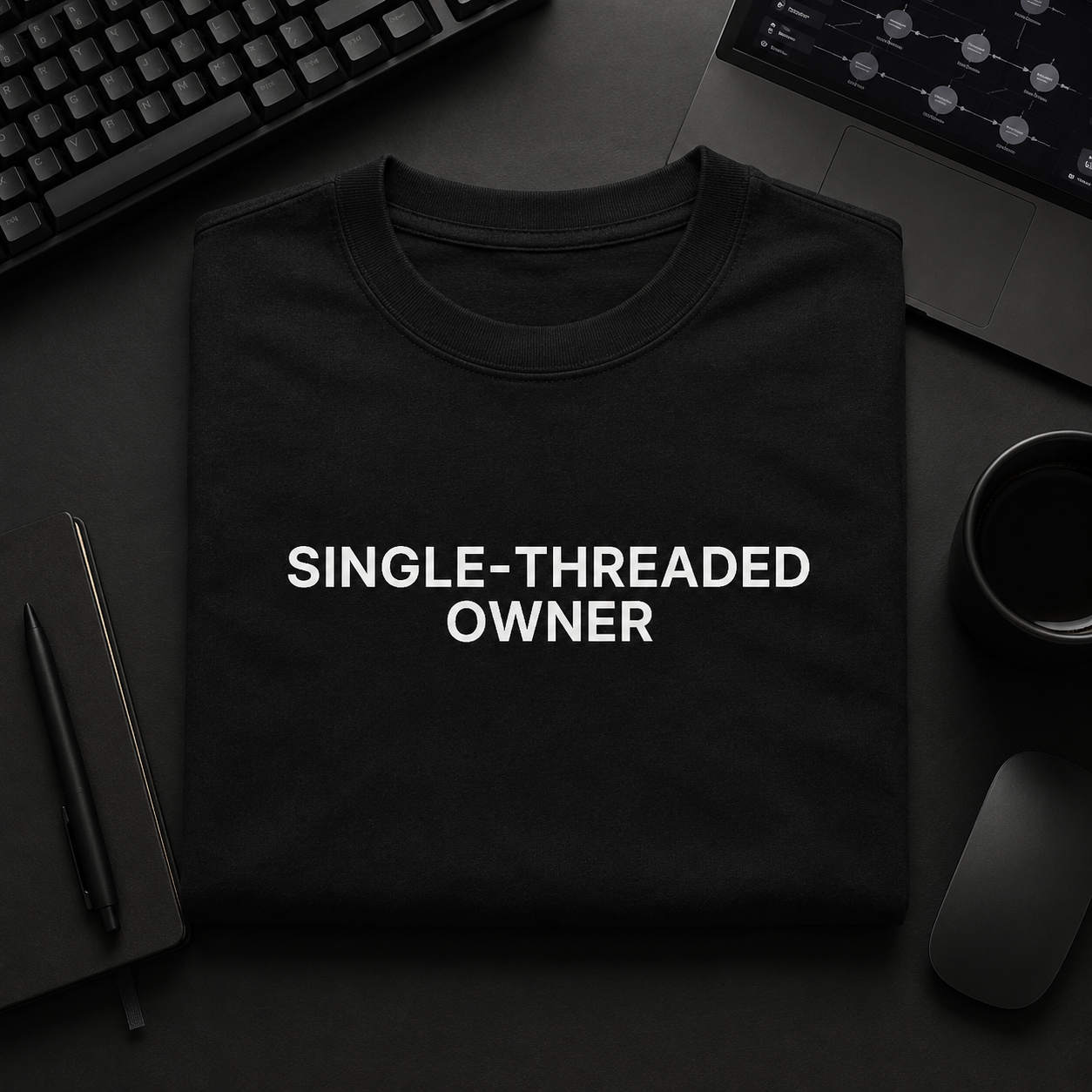 SINGLE-THREADED OWNER black oversized terry t-shirt by BYTWEAR - flat lay on desk