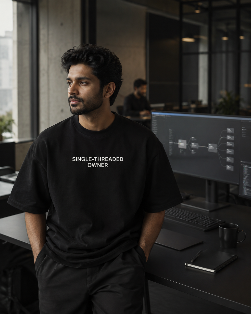 SINGLE-THREADED OWNER black oversized terry t-shirt by BYTWEAR - worn by model