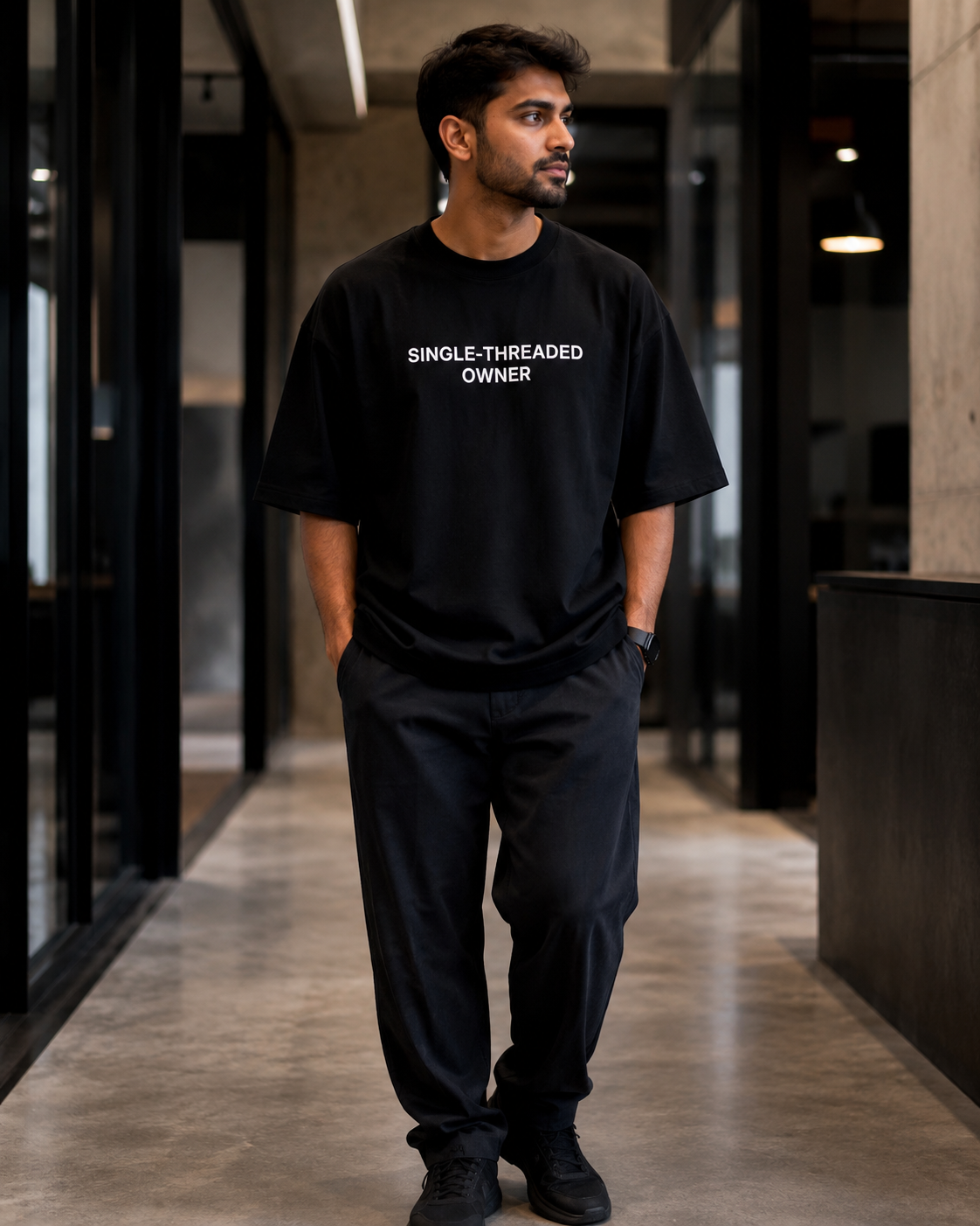 SINGLE-THREADED OWNER black oversized terry t-shirt by BYTWEAR - styled streetwear look