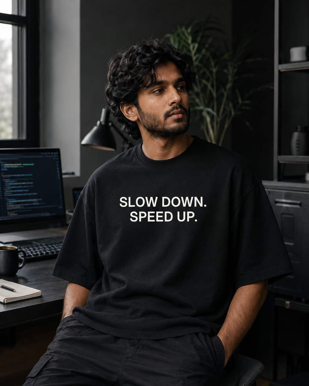 SLOW DOWN. SPEED UP. black oversized terry t-shirt by BYTWEAR - worn by model