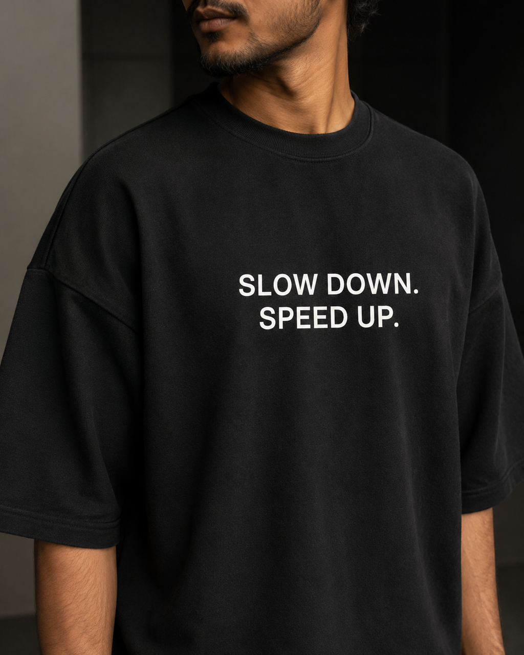 SLOW DOWN. SPEED UP. black oversized terry t-shirt by BYTWEAR - fabric and print detail