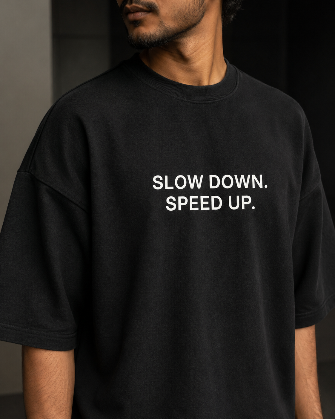 SLOW DOWN. SPEED UP. black oversized terry t-shirt by BYTWEAR - fabric and print detail