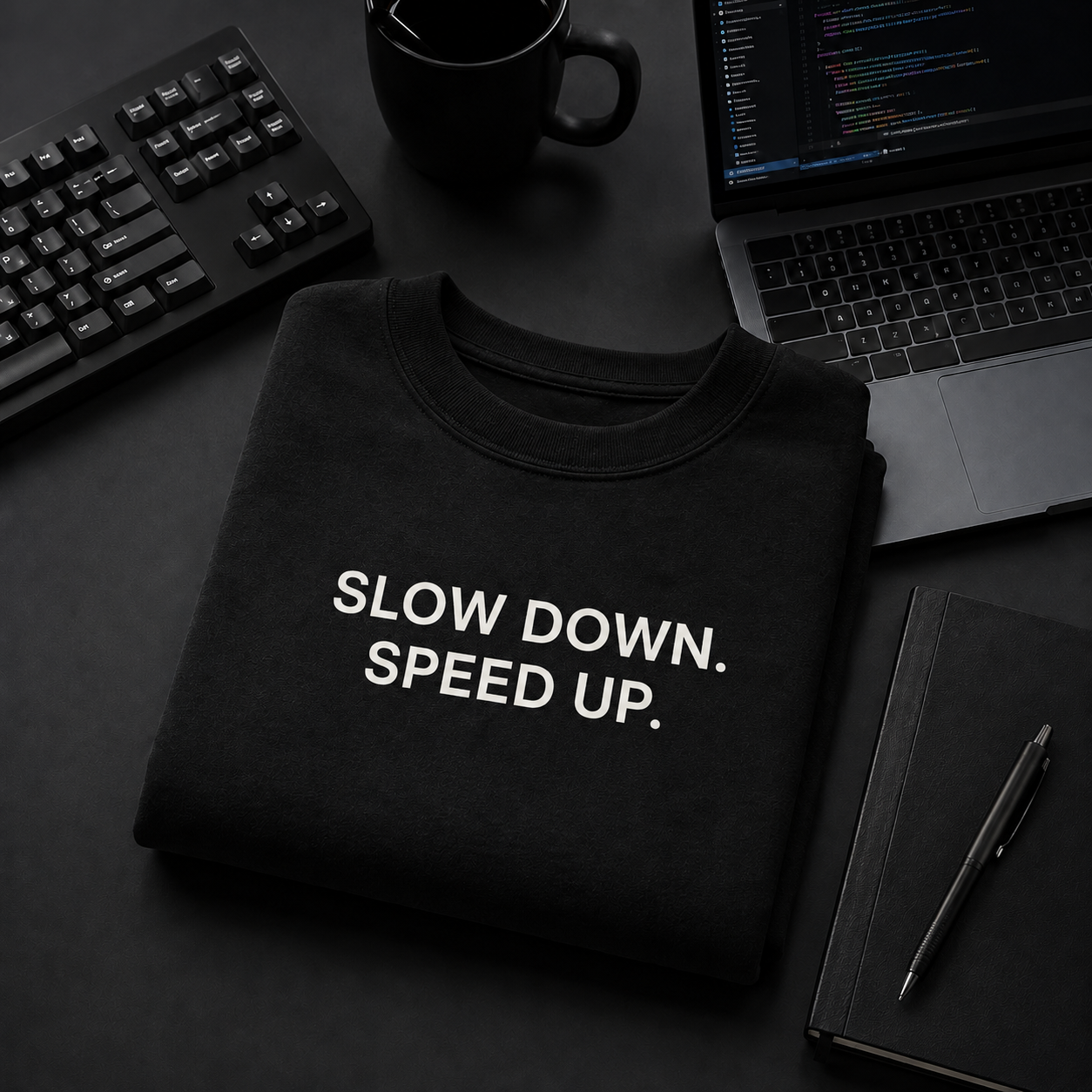 SLOW DOWN. SPEED UP. black oversized terry t-shirt by BYTWEAR - worn by model