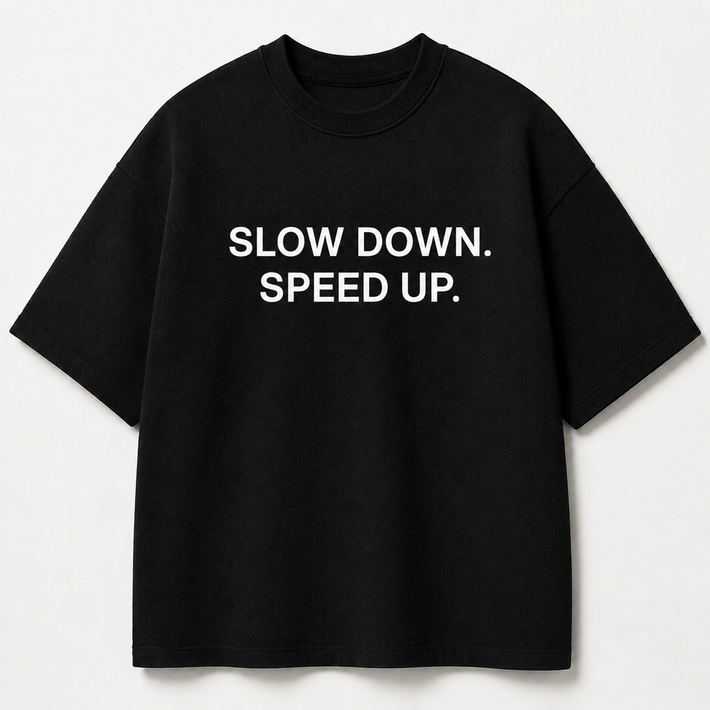 SLOW DOWN. SPEED UP. black oversized terry t-shirt by BYTWEAR - front view