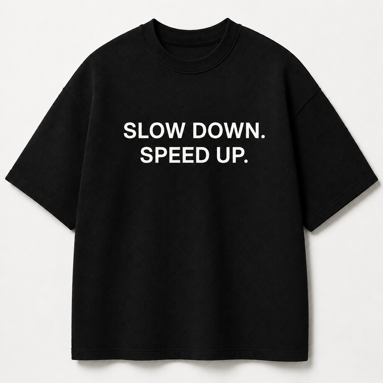 SLOW DOWN. SPEED UP. black oversized terry t-shirt by BYTWEAR - front view