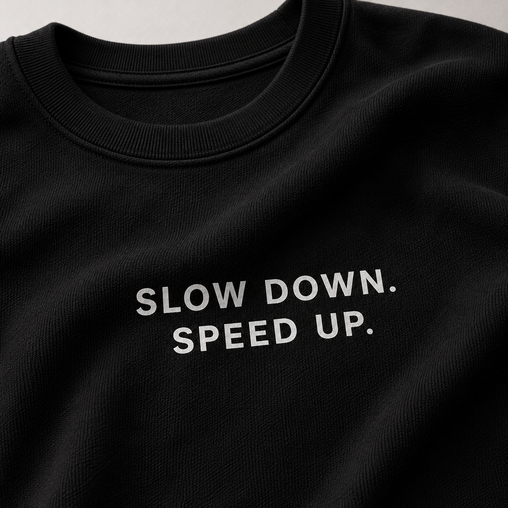 SLOW DOWN. SPEED UP. black oversized terry t-shirt by BYTWEAR - fabric and print detail