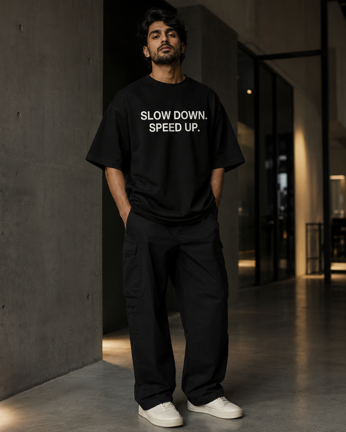 SLOW DOWN. SPEED UP. black oversized terry t-shirt by BYTWEAR - product photo 7