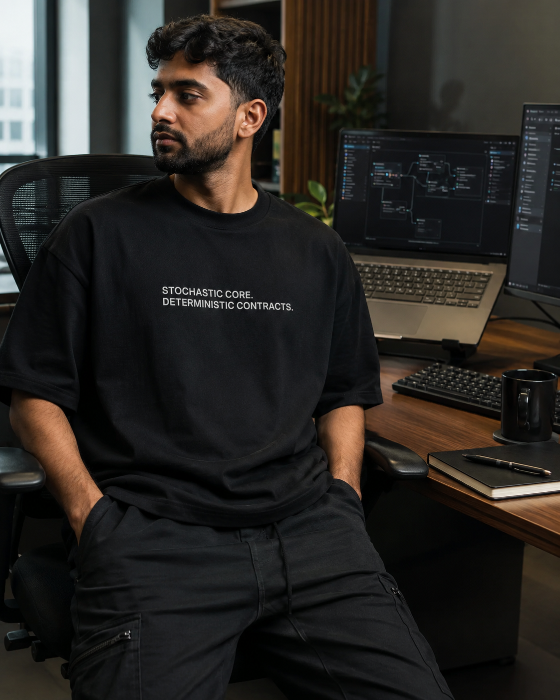 STOCHASTIC CORE. DETERMINISTIC CONTRACTS. black oversized terry t-shirt by BYTWEAR - worn by model