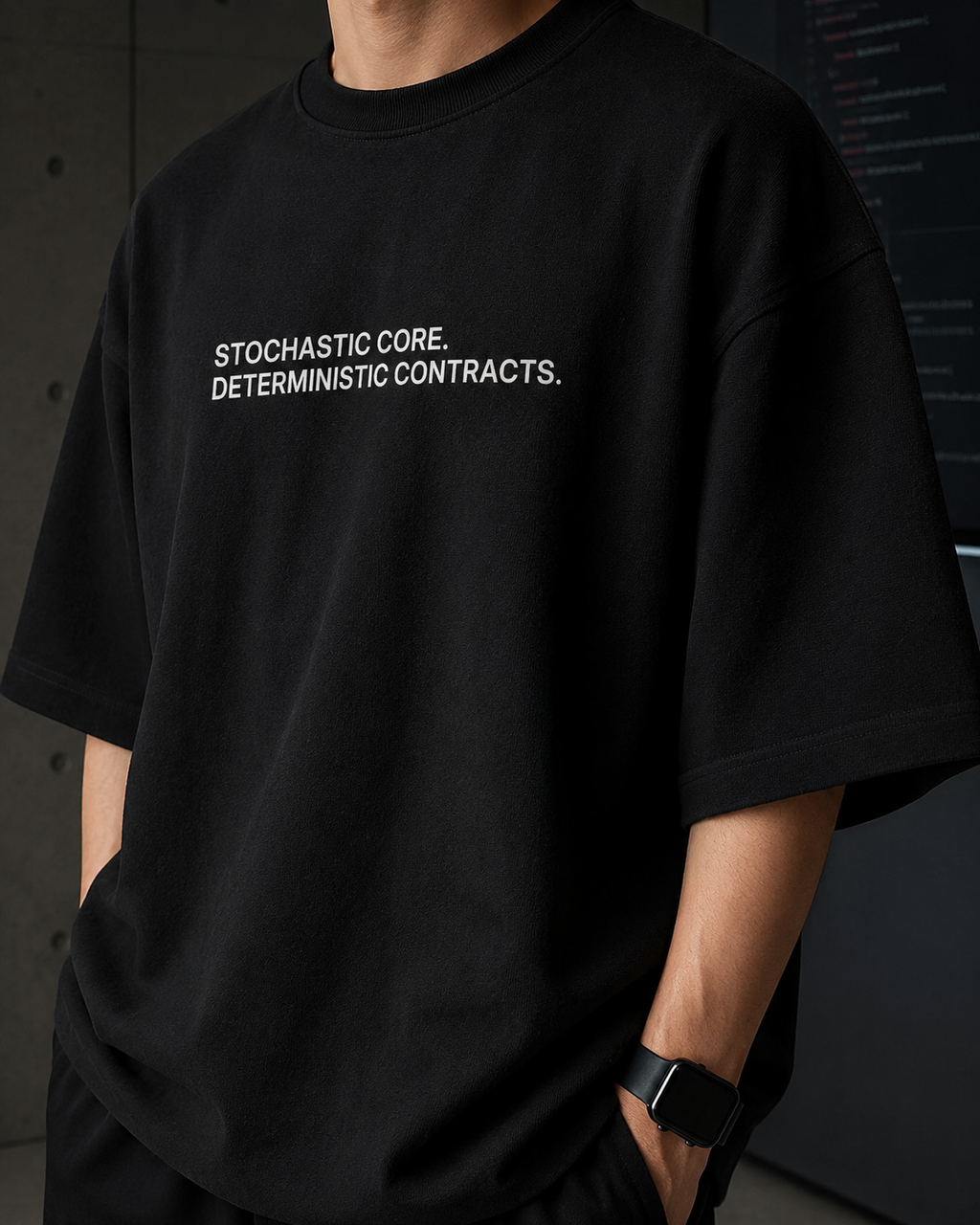 STOCHASTIC CORE. DETERMINISTIC CONTRACTS. black oversized terry t-shirt by BYTWEAR - fabric and print detail
