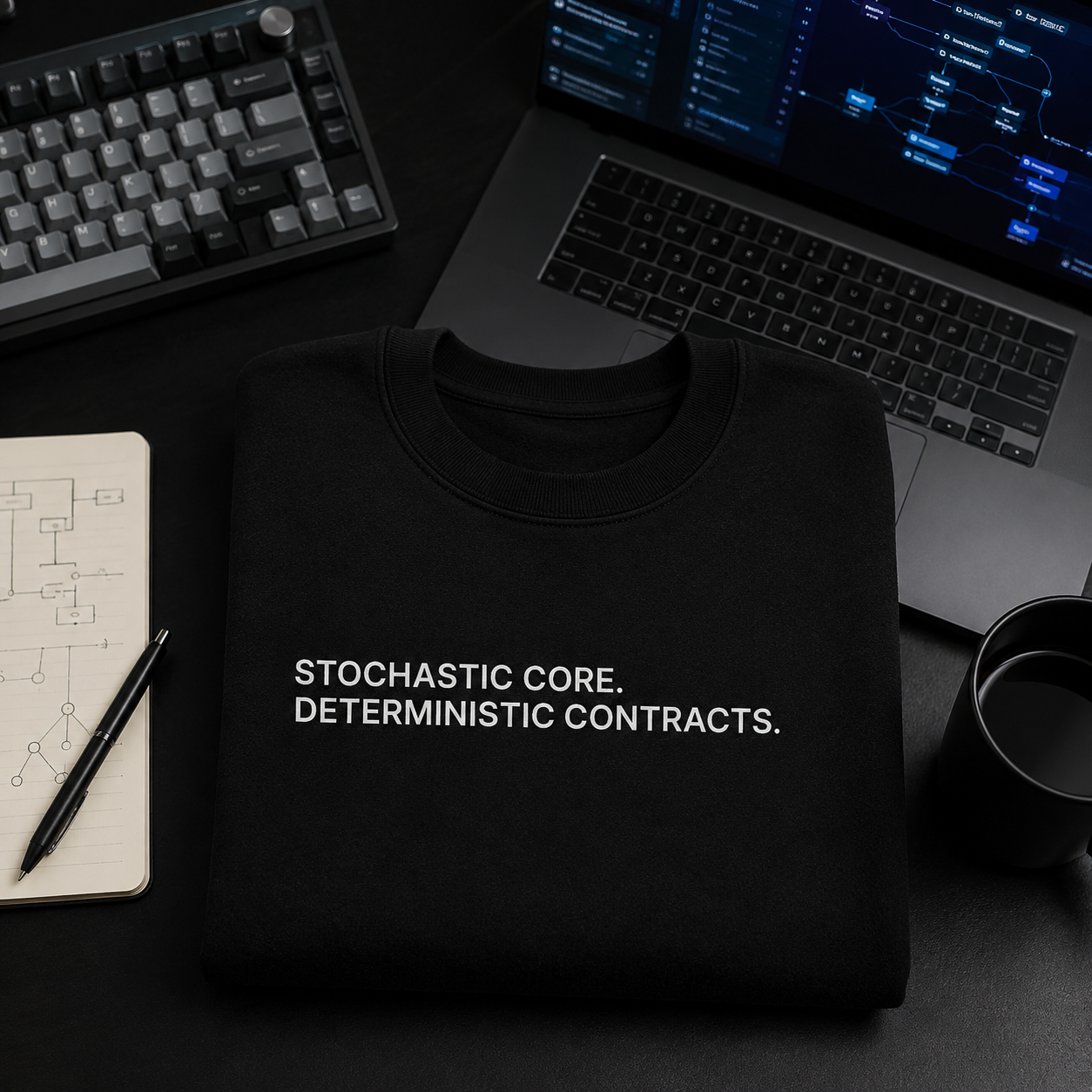 STOCHASTIC CORE. DETERMINISTIC CONTRACTS. black oversized terry t-shirt by BYTWEAR - worn by model
