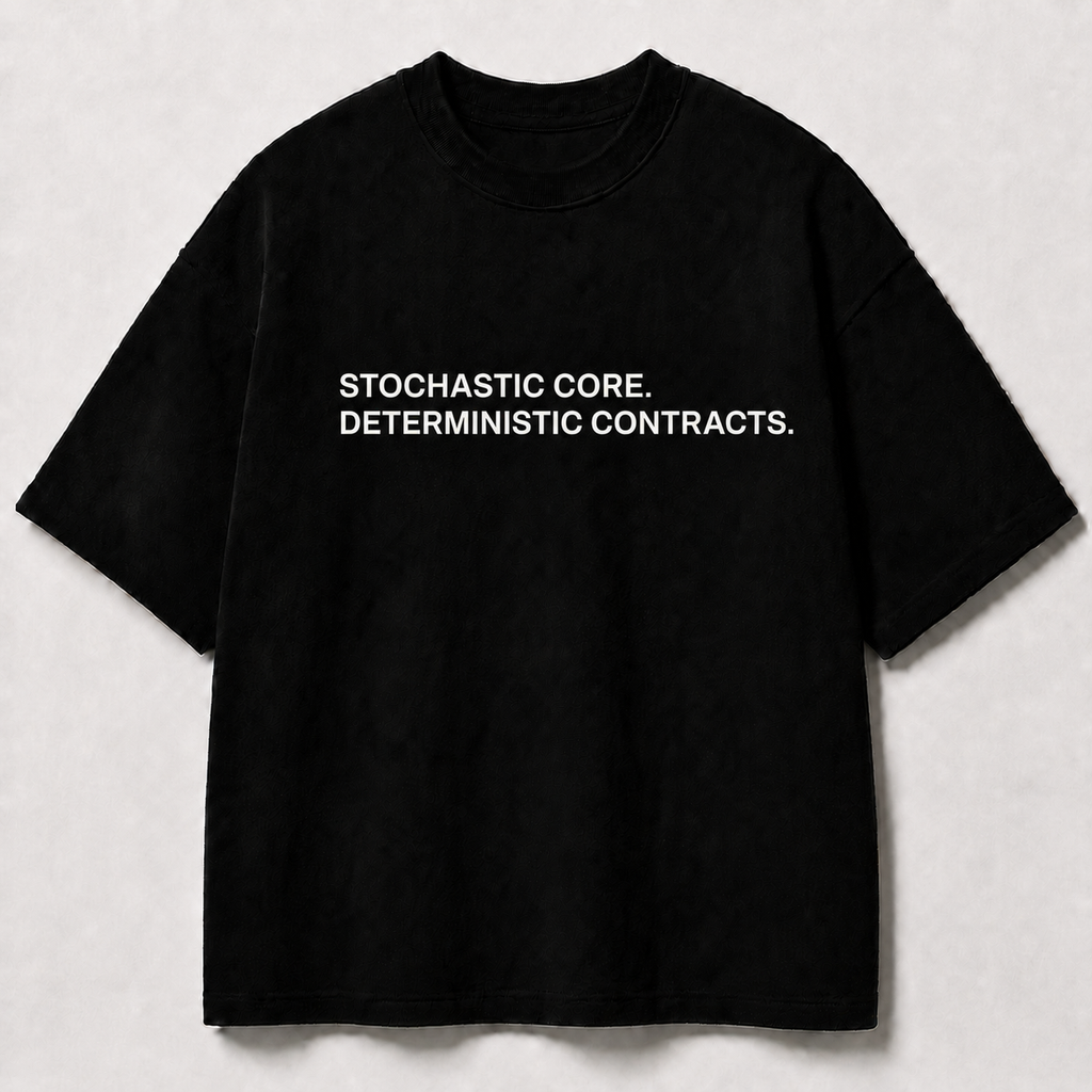 STOCHASTIC CORE. DETERMINISTIC CONTRACTS. black oversized terry t-shirt by BYTWEAR - front view