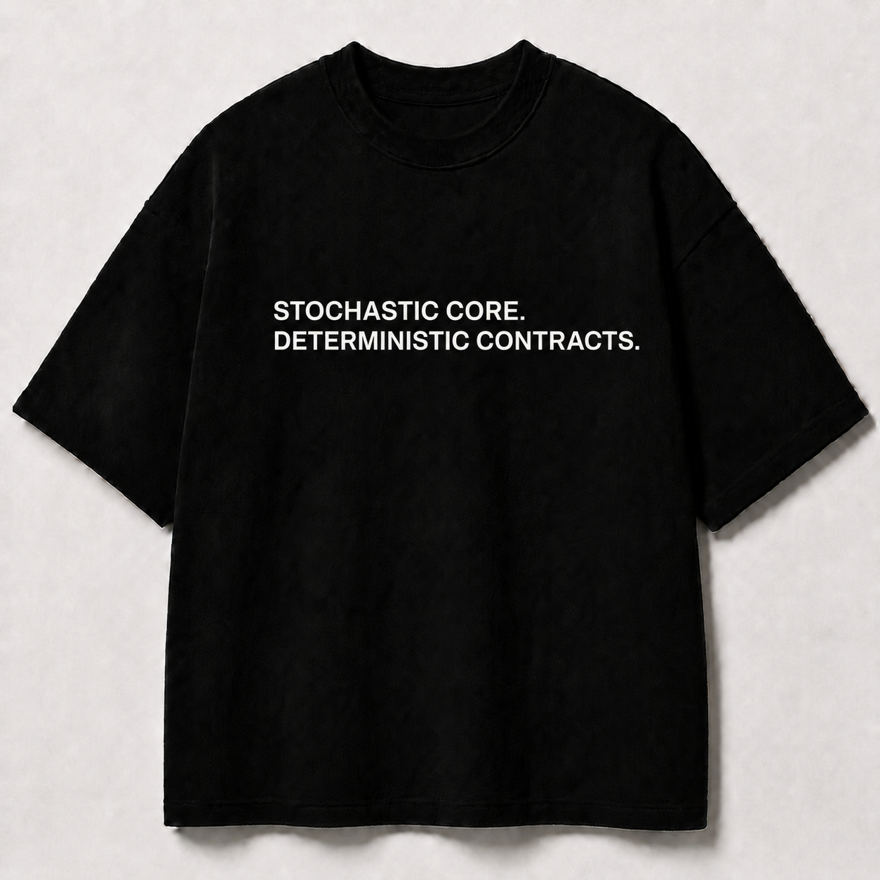 STOCHASTIC CORE. DETERMINISTIC CONTRACTS. black oversized terry t-shirt by BYTWEAR - front view