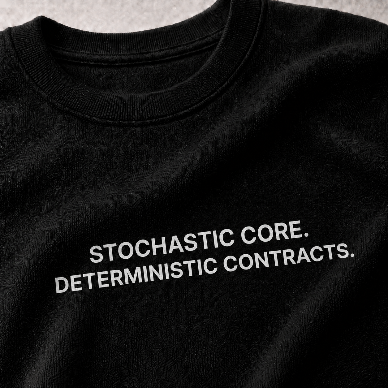 STOCHASTIC CORE. DETERMINISTIC CONTRACTS. black oversized terry t-shirt by BYTWEAR - fabric and print detail