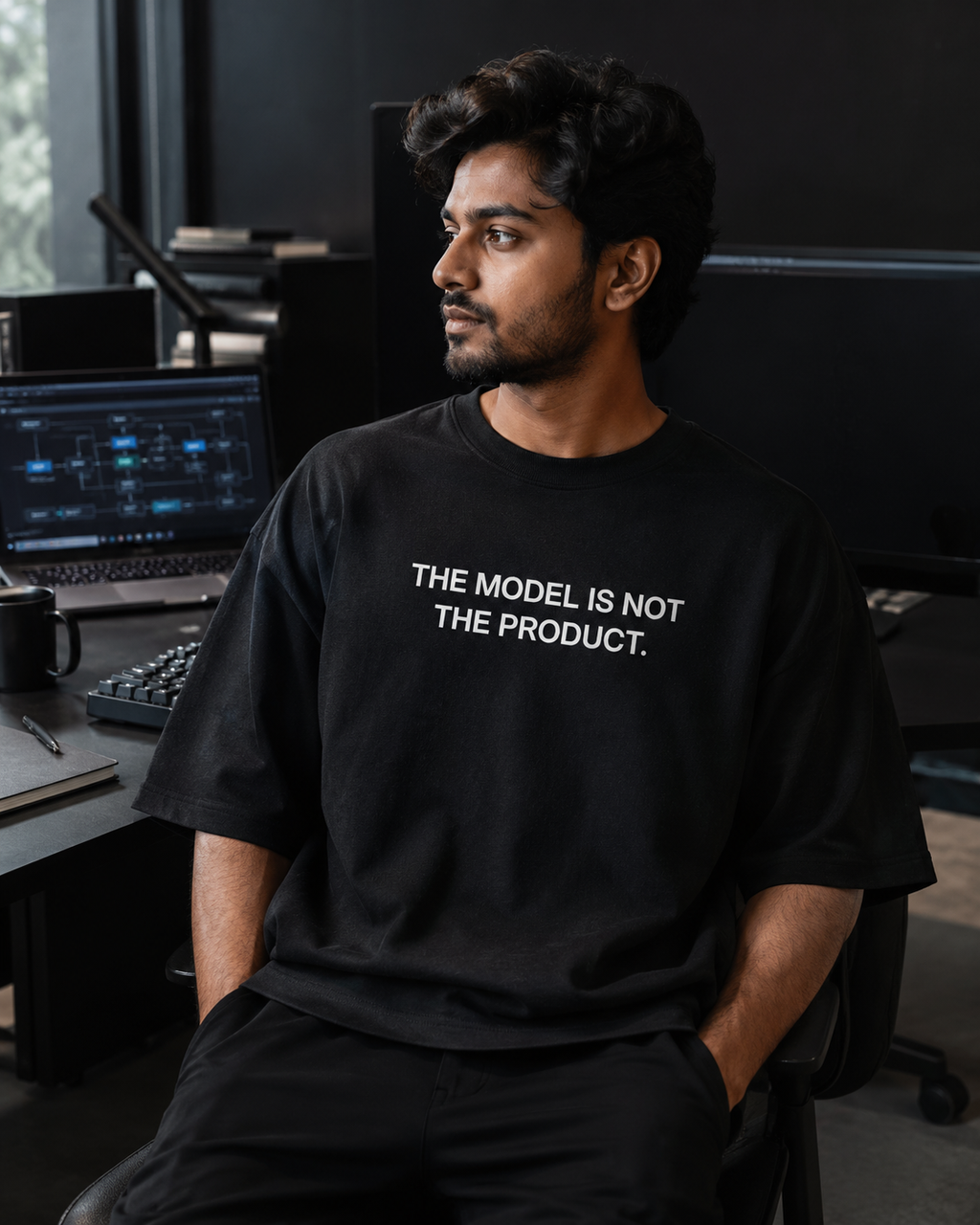 THE MODEL IS NOT THE PRODUCT. black oversized terry t-shirt by BYTWEAR - worn by model
