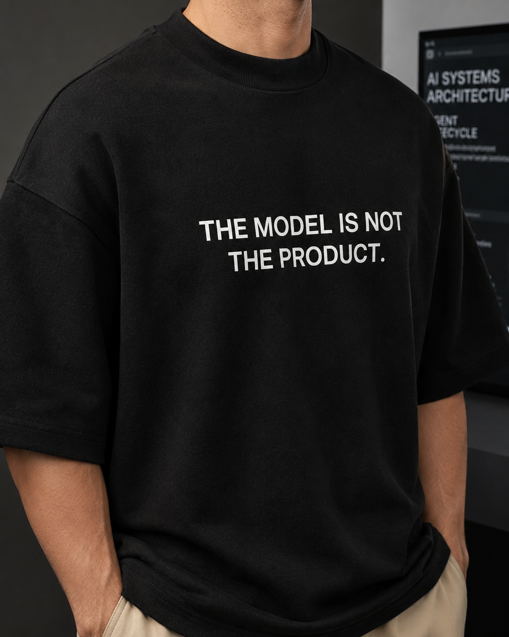 THE MODEL IS NOT THE PRODUCT. black oversized terry t-shirt by BYTWEAR - fabric and print detail