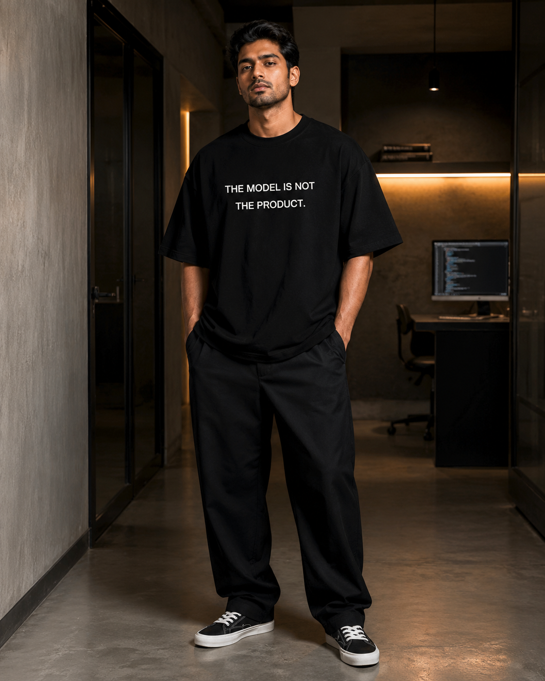 THE MODEL IS NOT THE PRODUCT. black oversized terry t-shirt by BYTWEAR - worn by model