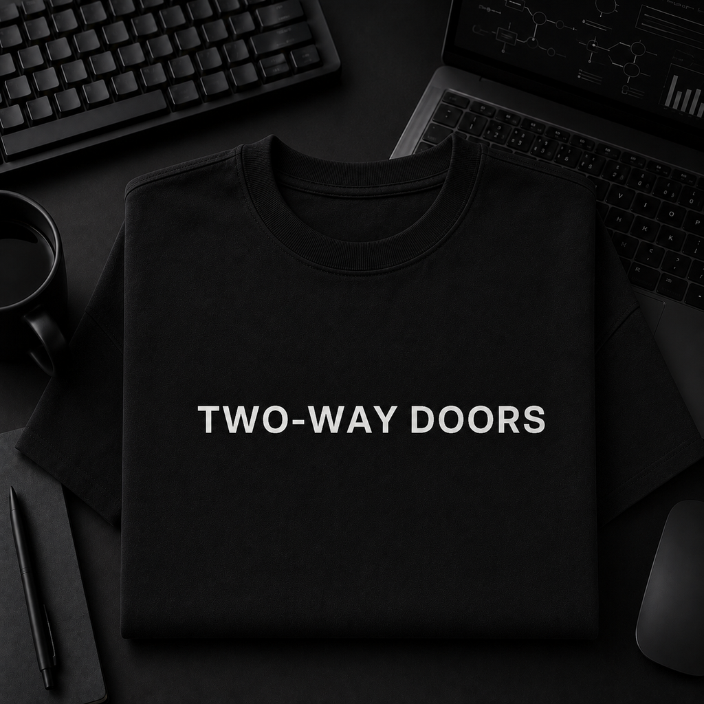TWO-WAY DOORS black oversized terry t-shirt by BYTWEAR - flat lay on desk
