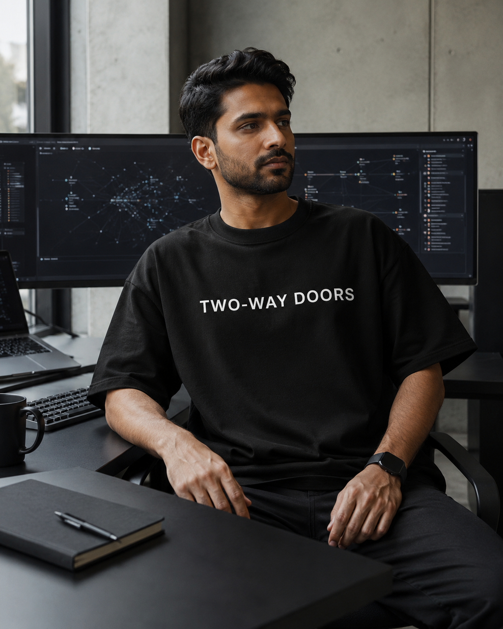 TWO-WAY DOORS black oversized terry t-shirt by BYTWEAR - worn by model