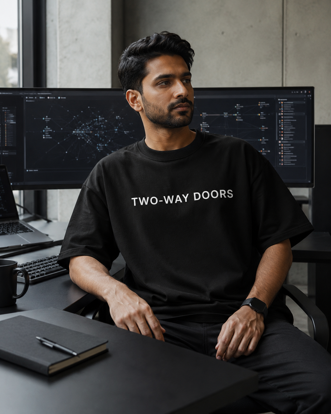 TWO-WAY DOORS black oversized terry t-shirt by BYTWEAR - worn by model