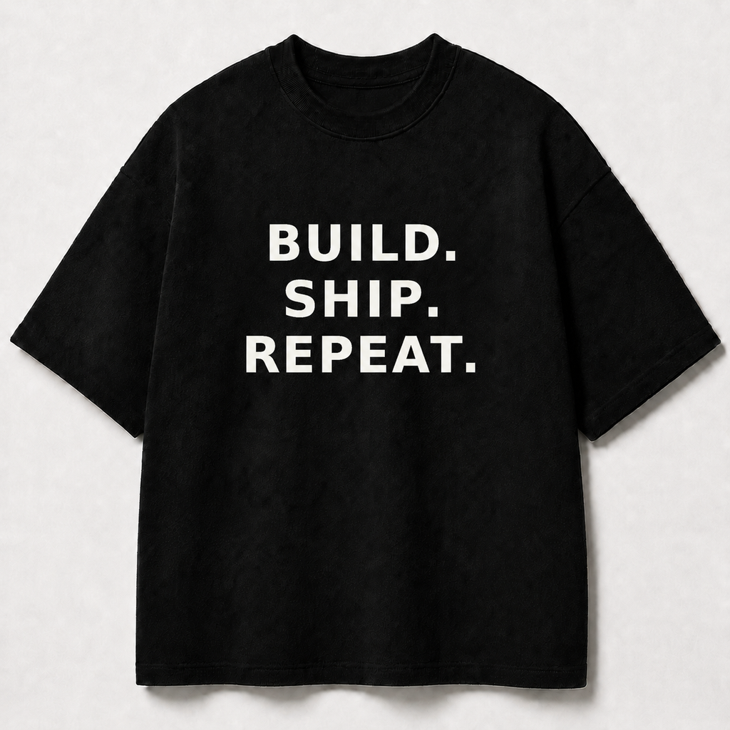 Build. Ship. Repeat. black oversized terry t-shirt by BYTWEAR - front view