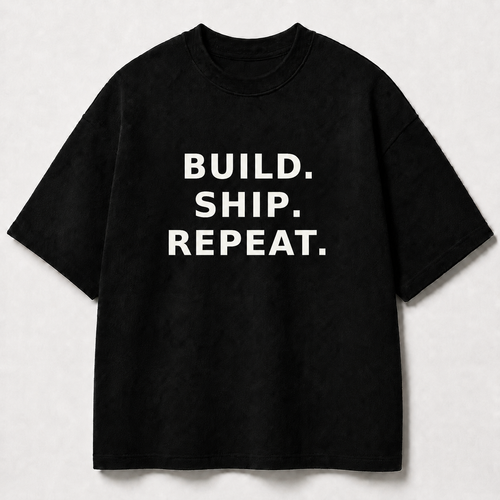 Build. Ship. Repeat. black oversized terry t-shirt by BYTWEAR - front view