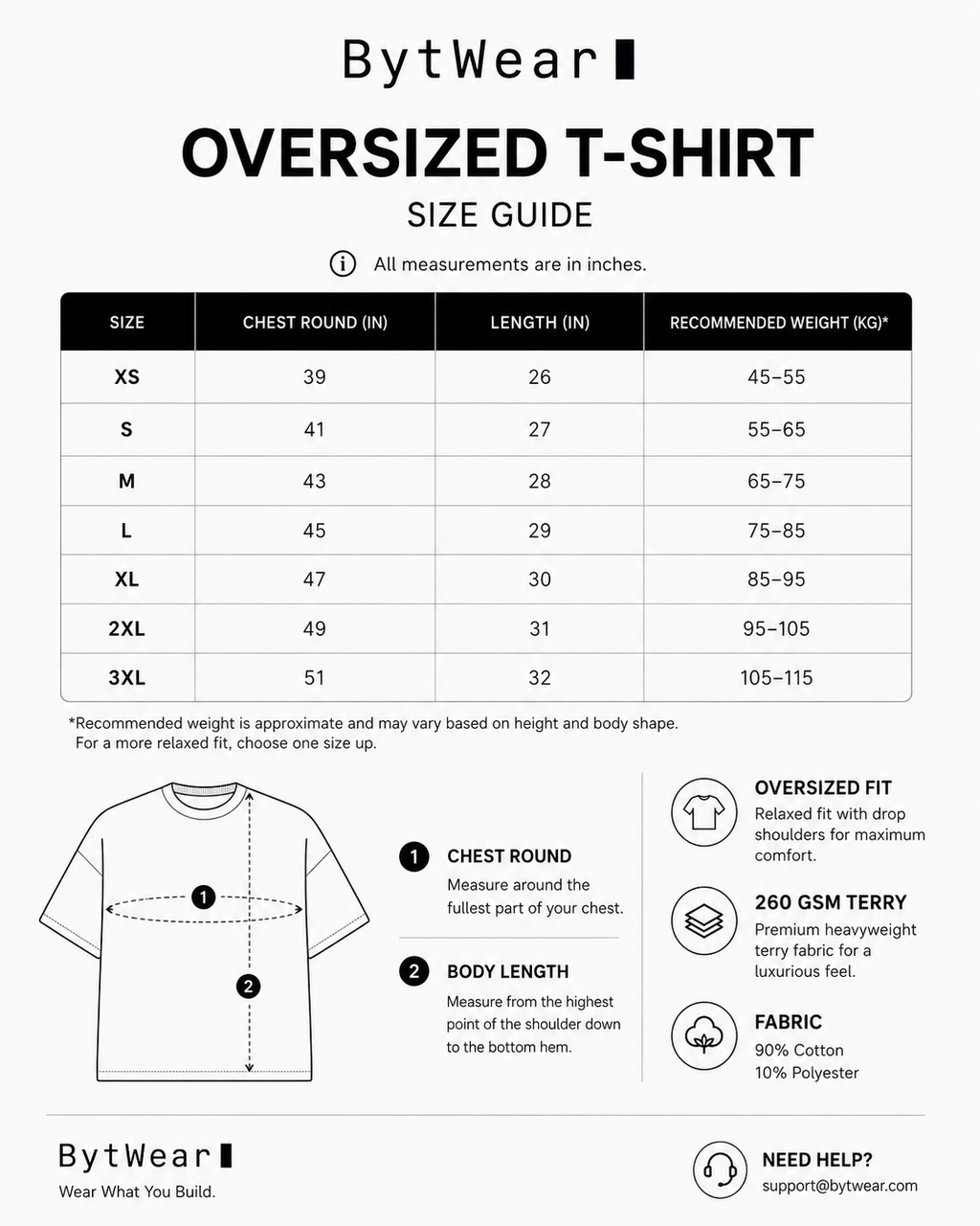 BYTWEAR oversized t-shirt size guide with measurements and weight recommendations.
